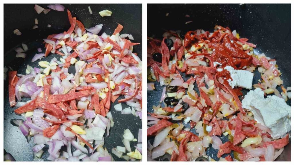 baked ziti - cooking the aromatics.