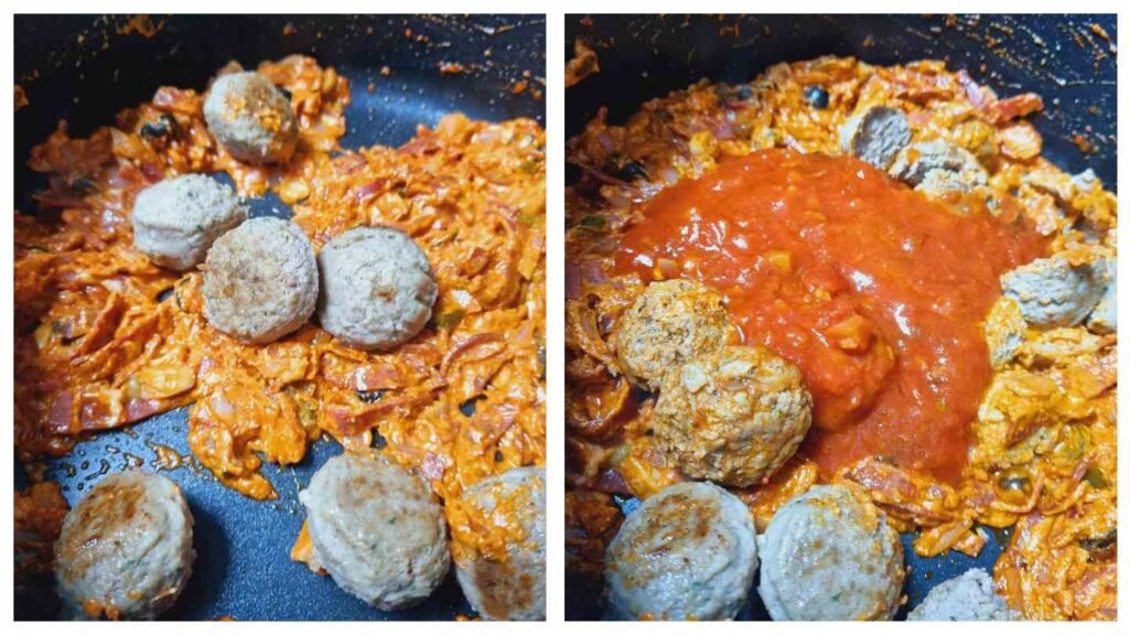 baked ziti - adding the meatballs. 