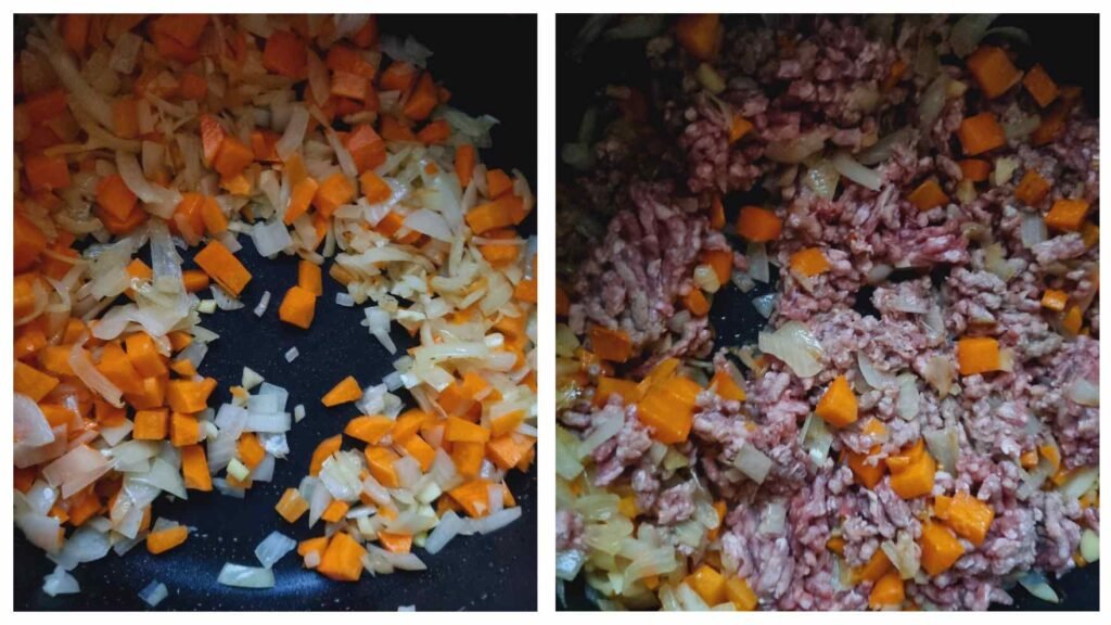 Sauté the onion, garlic and carrots. Add the mince.
