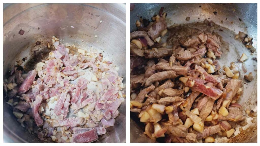 Kimchi Jjigae instructions - Sauté the aromatics and steak