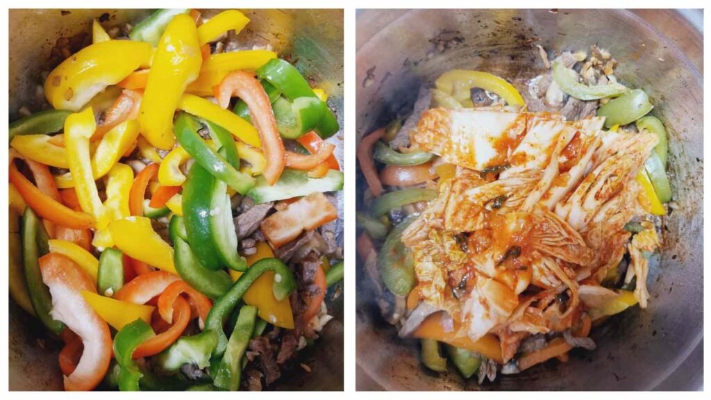 Kimchi Jjigae instructions - Add the peppers and kimchi
